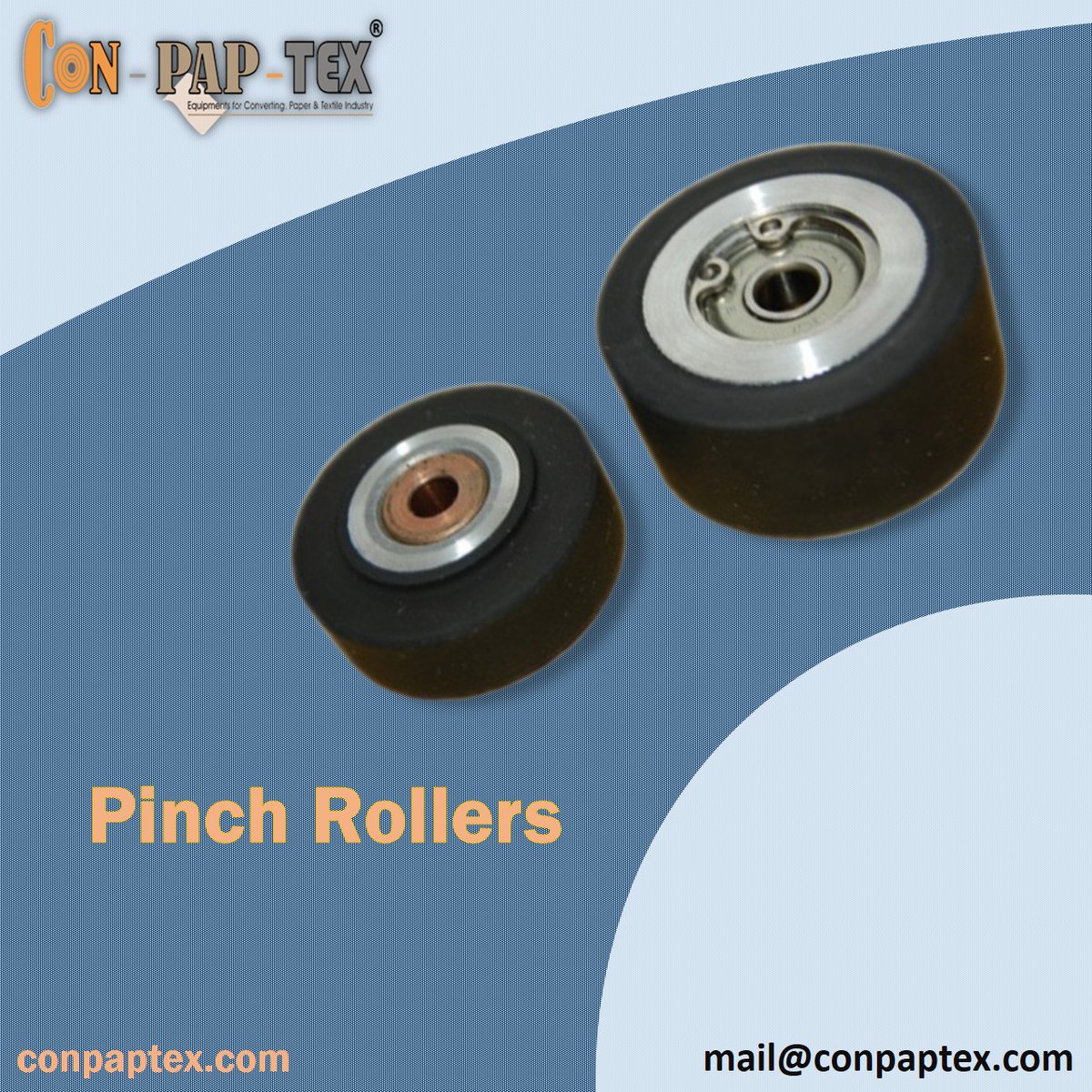 conpaptexequipments.com/pinch-rollers/
We are manufacturer of Pinch Roller that are widely used in Rubber, Mat, Steel industries. Our grade of Pinch Roller is highly admitted for its features like confrication remedial and are hardness. 
conpaptex.com