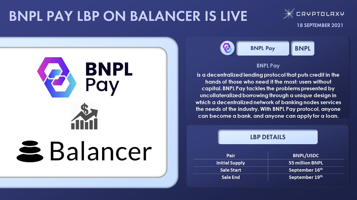 BNPL PAY LBP ON BALANCER IS LIVE!

<a href="/Bnplpay/">BNPL Pay</a> $BNPL <a href="/BalancerLabs/">Balancer Labs</a> $BAL Liquidity Bootstrapping Pool (LBP) is live now!
Sale ends: September 19th

👉 app.balancer.fi/#/trade/0xa0b8…