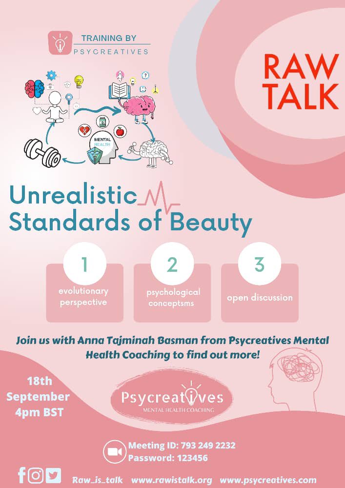 raw_is_talk's tweet photo. Unrealistic Standards of Beauty 

Join us for a RAW TALK SPECIAL with Anna Tajminah Basman from Psycreatives

 Saturday 18th September @ 4 PM BST

Join Zoom Meeting
https://t.co/Mf4bcWMHZb

Meeting ID: 793 249 2232
Password: 123456 https://t.co/RFM5AfQrzv