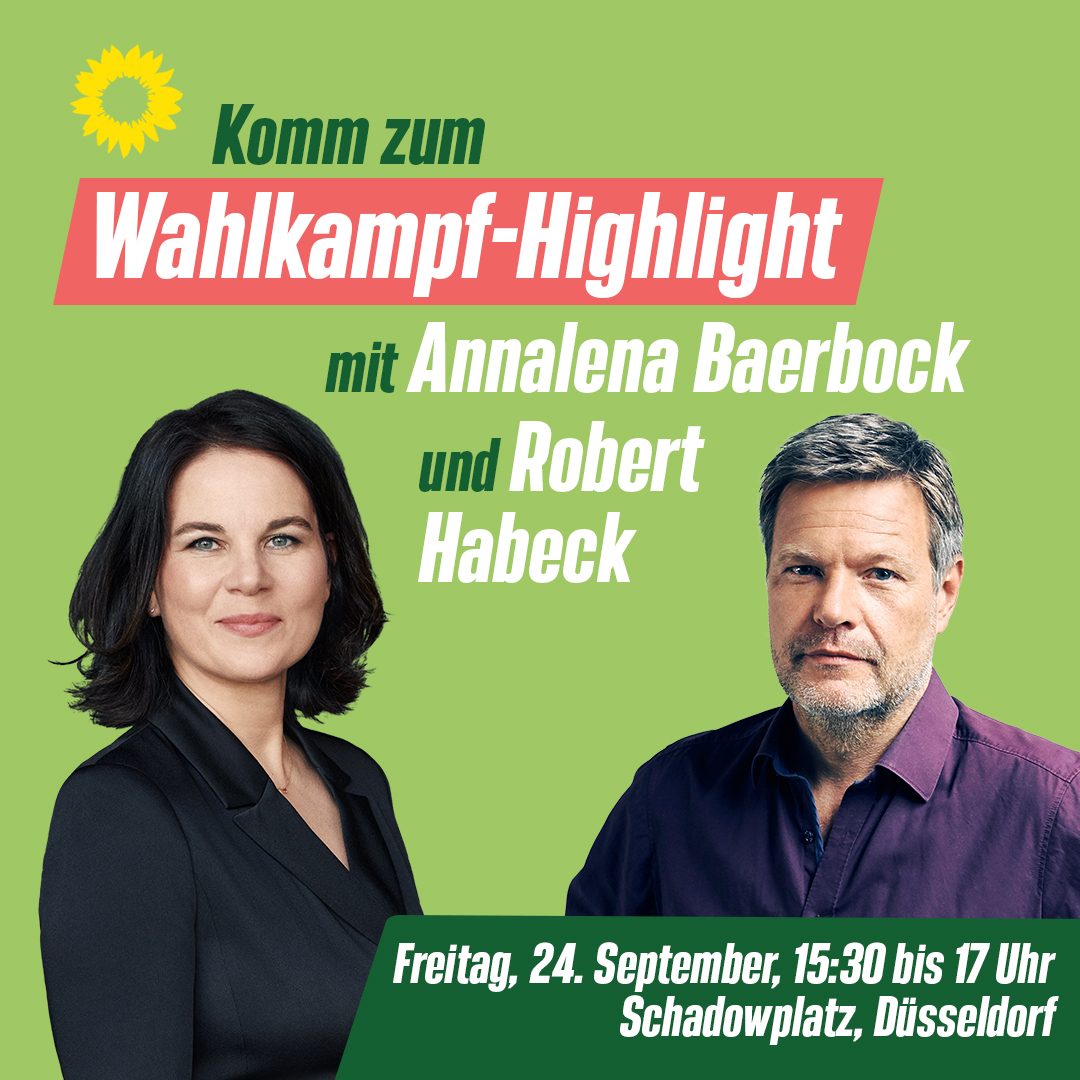 gruenenrw's tweet photo. Bereit, weil ihr es seid 🔥 Wir geben noch mal alles, um für Klimagerechtigkeit und sozialen Zusammenhalt zu werben. Am Freitag treffen wir uns zum Wahlkampf-Höhepunkt - bei uns in NRW. 🤩 Annalena und Robert kommen nach Düsseldorf! Seid dabei! #BereitweilIhresseid https://t.co/1yVhIN2FJl