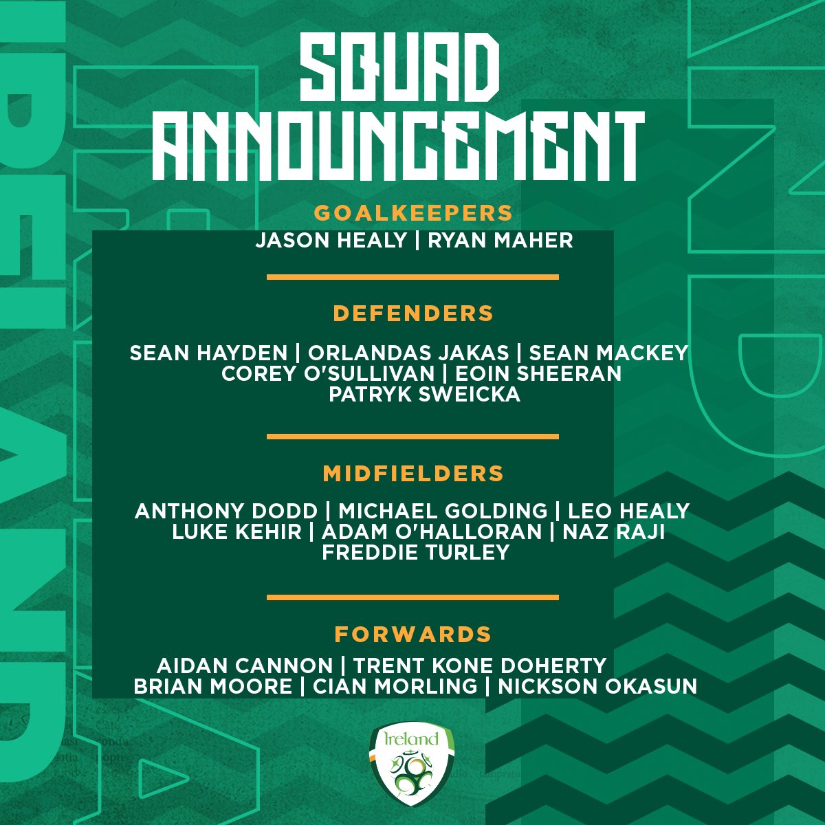 Ireland Men’s U16 Head Coach Paul Osam has named a squad of 20 for friendlies against Malta next week.

All players are in line for their international debuts ☘️

21/09 | 🇲🇹 v 🇮🇪 
23/09 | 🇲🇹 v 🇮🇪

Full details 👉 fai.ie/ireland/news/m…

#IRLU16 | #COYBIG | #WeAreOne