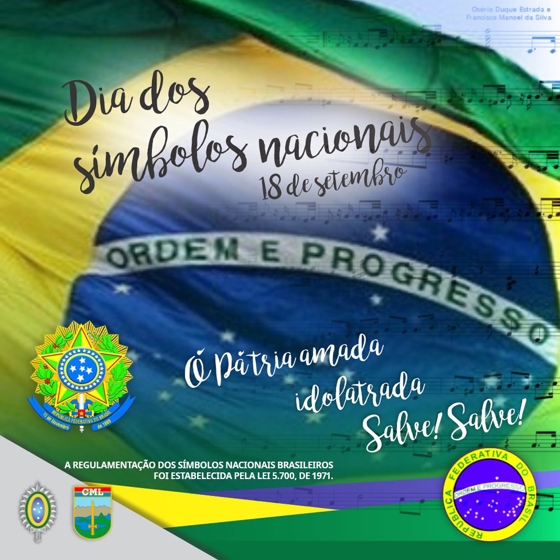 cmlexercito's tweet photo. #18deSetembro Nesta data, celebramos o Dia dos Símbolos Nacionais, representados pela Bandeira Nacional, as Armas Nacionais, o Selo Nacional e o Hino Nacional. Seja em cerimônias, eventos esportivos, documentos importantes e localidades oficiais, https://t.co/g0XtQq4OYs