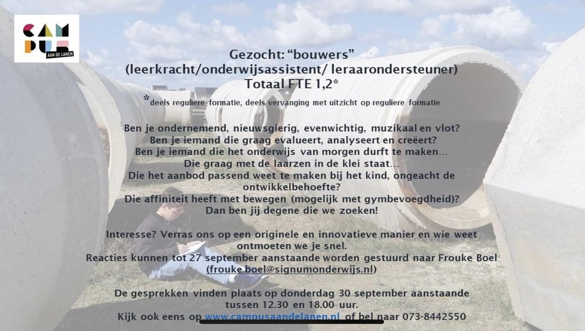 Weer een kans om op deze prachtplek te werken! Wie pakt ‘m? We kijken uit naar je reactie! #kansomtegroeien #bestewerkplek <a href="/c_aandelanen/">Campus aan De Lanen</a> <a href="/signumonderwijs/">Signum Onderwijs</a> <a href="/OnsKindbureau/">Ons Kindbureau</a> <a href="/rodenborch/">Rodenborch-College</a> <a href="/GrooteW/">Groote Wielen nieuws</a>