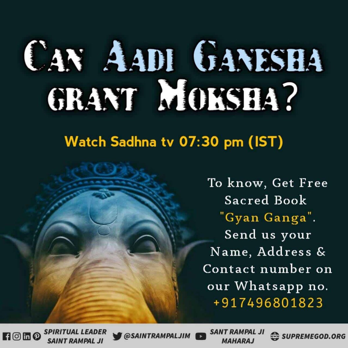 SalmaLata's tweet photo. #StoryOfAadiGanesha
Must know on Ganesh Chaturthi that only the true Guru can tell the difference between Ganesha and Adi-Ganesha.

Who is that true Guru?

Visit 'Satlok Ashram' on YouTube. https://t.co/aKHpTKphg8