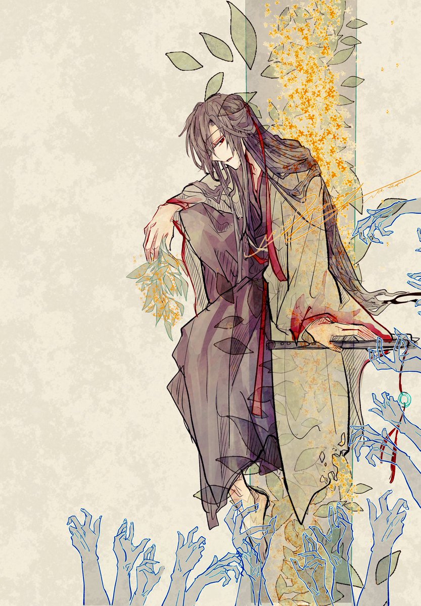 long hair male focus 1boy sitting solo long sleeves wide sleeves  illustration images