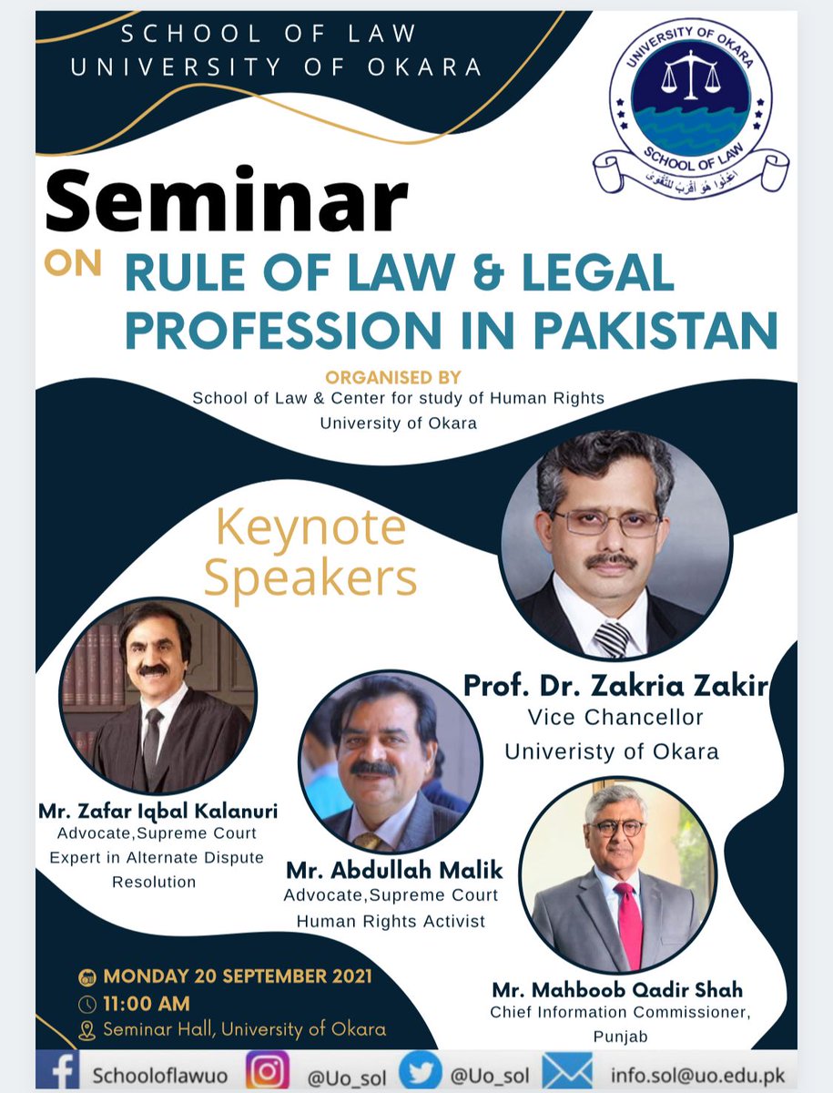 <a href="/uo_sol/">School of Law, University of Okara</a> is organising a seminar titled Rule of Law &amp; Legal Profession in Pakistan on monday 20.09.2021. 
Renowned experts from legal fertility will share their thoughts on different topics. The event can be followed at the link below. 
fb.me/e/1rDwyQBd4