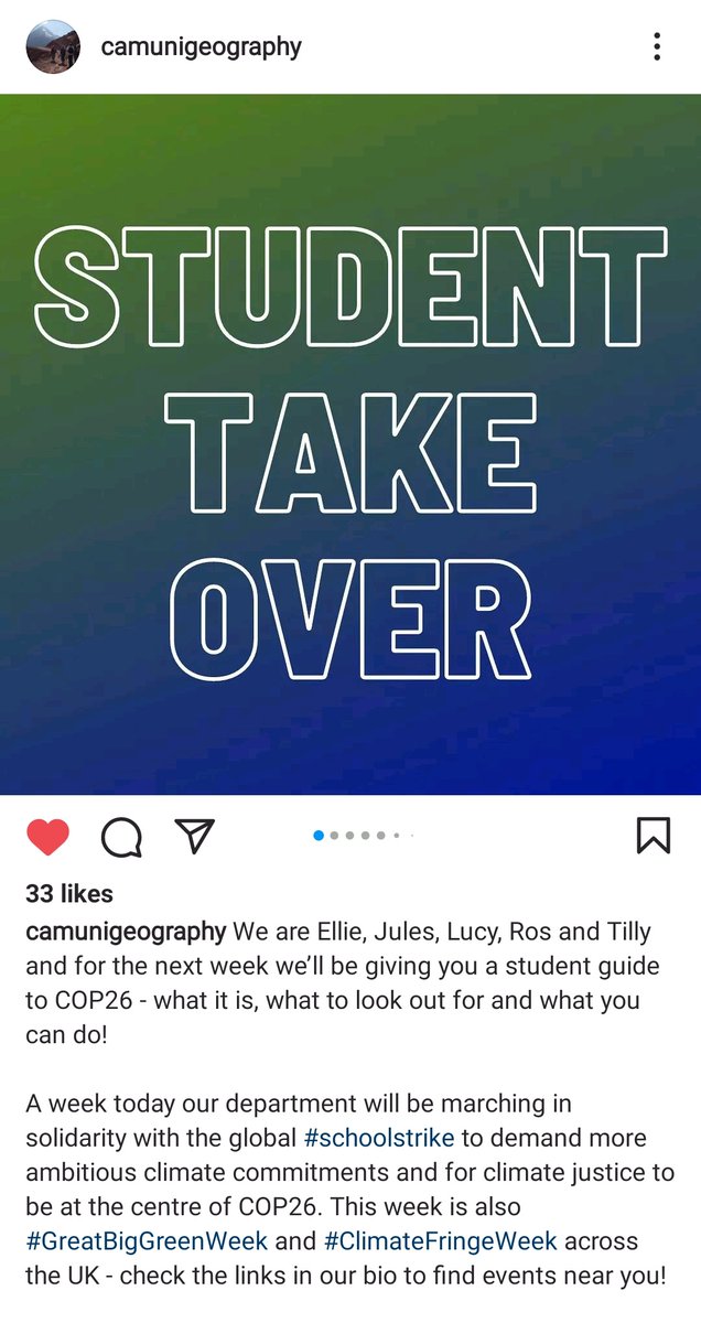 All of this week, our students @CamUniGeography @Cambridge_Uni will be posting from the Department's Instagram account to raise awareness about the climate emergency. Follow this feed for regular updates. #COP26 #schoolstrike4climate #ClimateEmergency instagram.com/p/CT7Yr87skYg/…