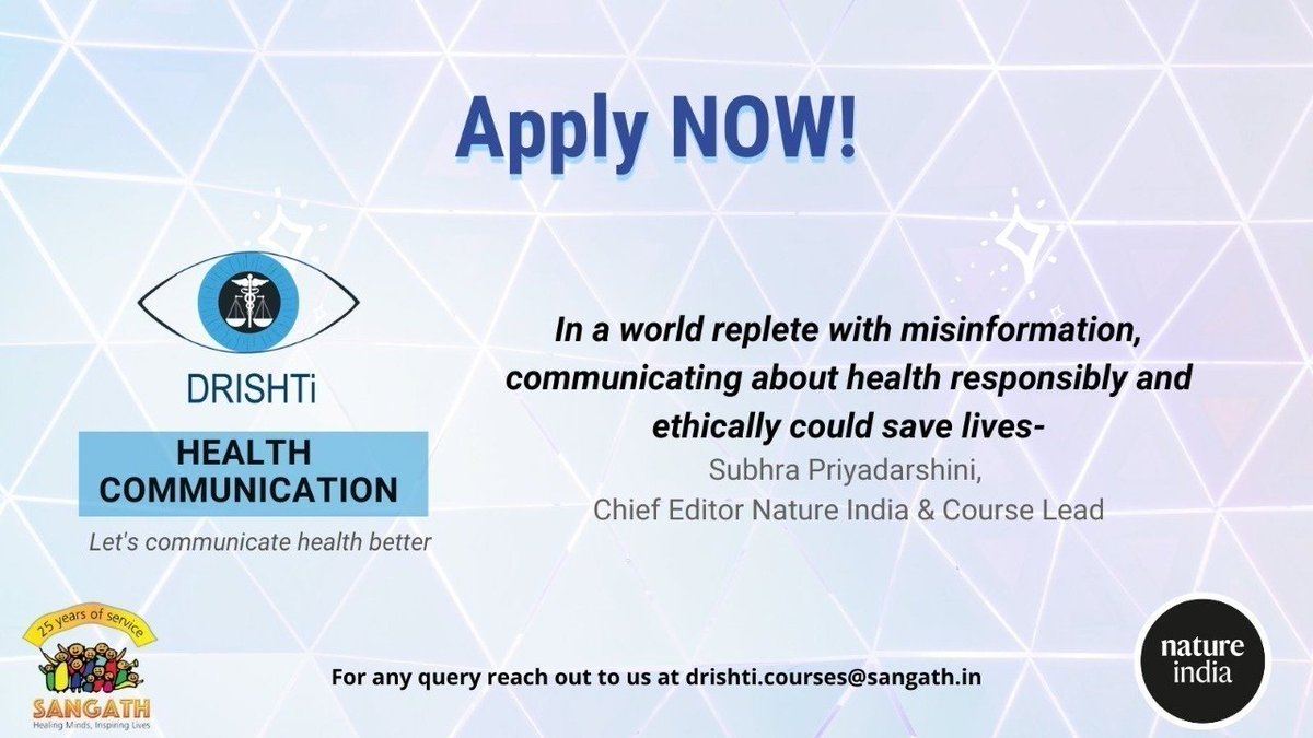 AnantBhan's tweet image. Launching a new course on Health Communication under the @DRISHTi_Sangath platform @SangathIndia #Bhopal hub in collaboration with @NatureInd 
Learn how to communicate about health responsibly and ethically! 
1st cohort starts mid-Oct 2021
Register here: sangath.in/drishti-health…