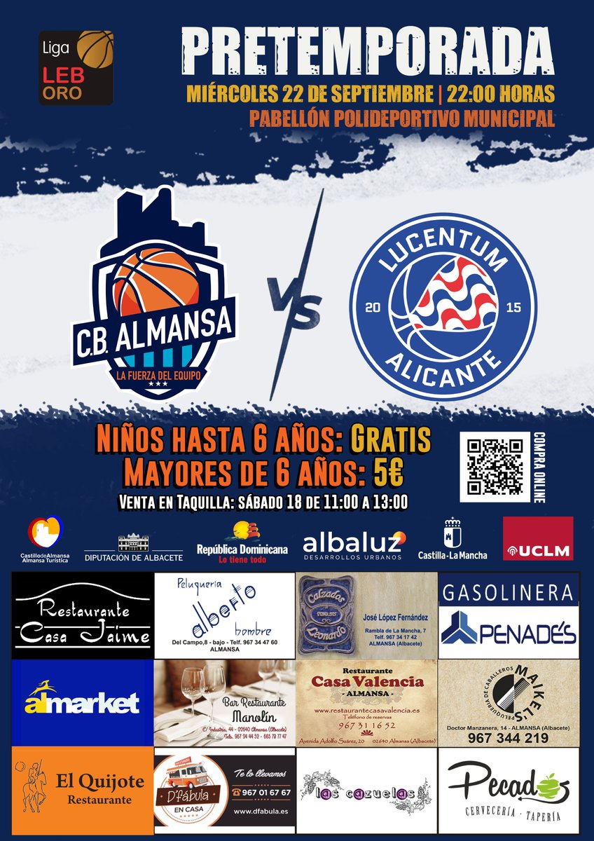 📣📣📣 IMPORTANTE 📣📣📣

De 11 a 13 horas, entradas para el choque del miércoles 22 de septiembre ante <a href="/FundLucentum/">𝗛𝗟𝗔 𝗔𝗟𝗜𝗖𝗔𝗡𝗧𝗘</a>.

⌚ 22:00 h
🏟 #LaBombonera
🎟 Menores 6 años: Gratis
🎟 Mayores de 6 años: 5€
Venta online: cbalmansa.es

#LaFuerzaDelEquipo #JuntosSomosMásFuertes