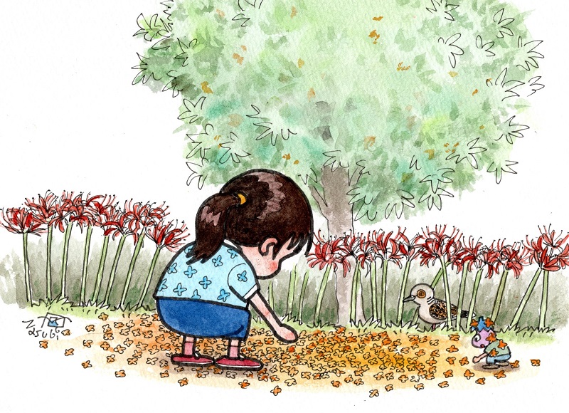「キンモクセイの散った花をじっと見てる女の子がいました。(今回は笑い無し) 」|富士鷹なすびのイラスト