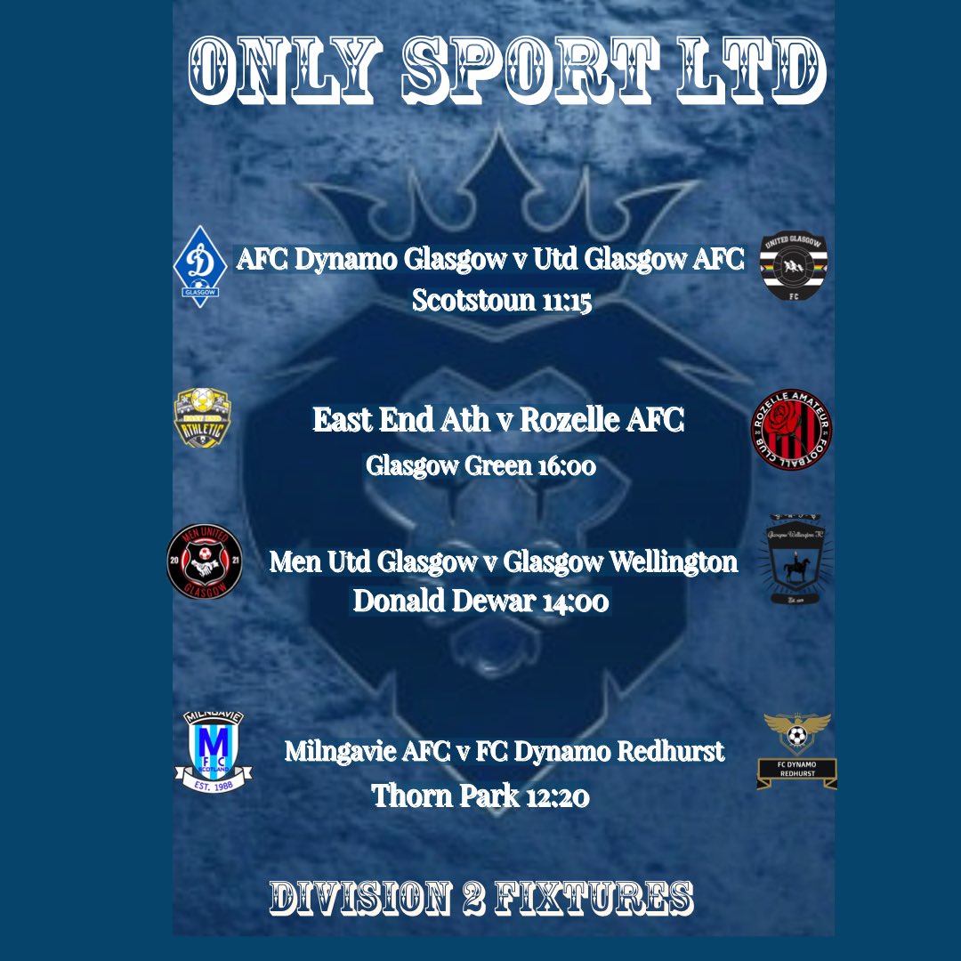 Tomorrow’s <a href="/OnlySportLTD1/">Only Sport LTD</a> GDSFC fixtures ….

Some great fixtures on the cards,  why not come along take in a game, give the teams some support ⚽️👍
<a href="/ScotAmFA/">Scottish Amateur FA</a> <a href="/scottish_aff/">AmateurFixturesResultsSCO</a> @AmatuerF