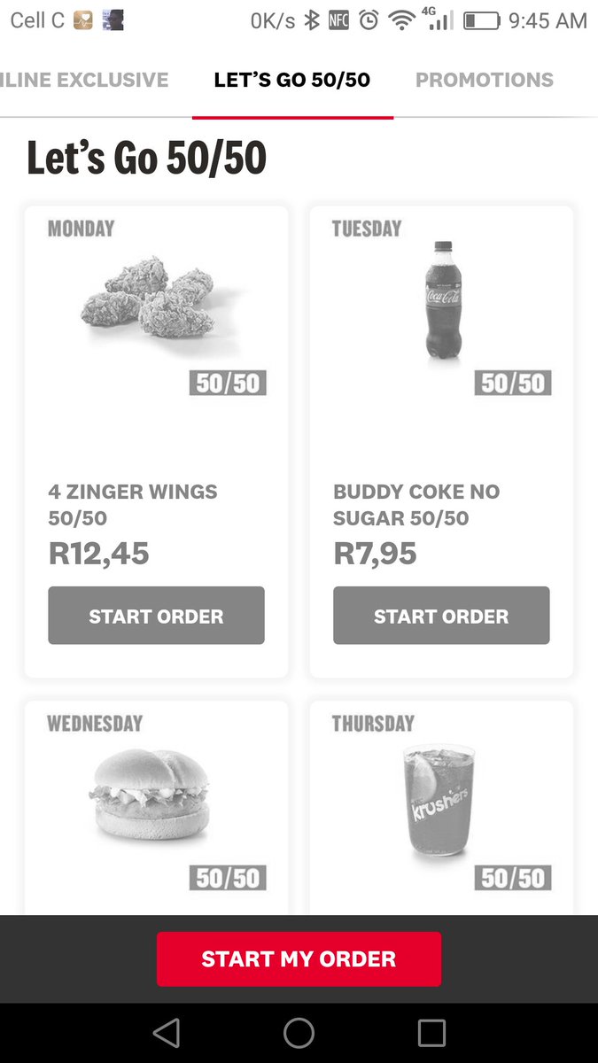 ThabangAphane's tweet photo. @KFCSA but you guys are not fair. Your 50/50 specials are deliberately changing Every week. Zinger wings will never be on 50/50 coz you keep moving the days. Last week Saturday I wanted wings, you moved to Monday. Monday I tried, you moved it to Saturday, today it's moved again🙅 https://t.co/WHy4oBX86s