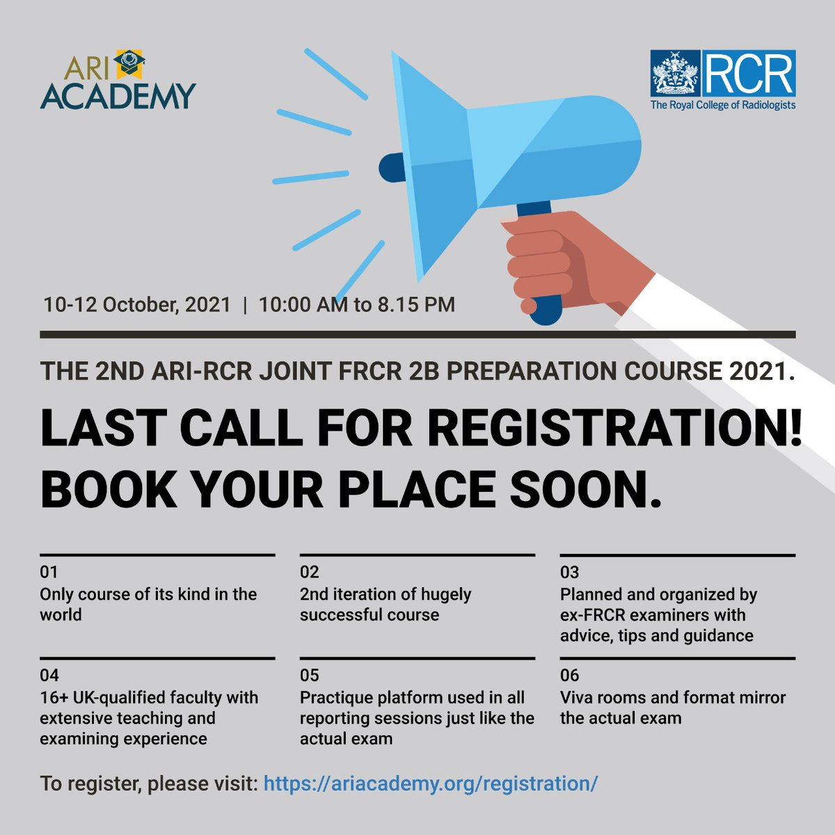 ARI-RCR JOINT FRCR 2B PREPARATION COURSE 2021-Last call For registration! Book your place soon. 
To register please visit: ariacademy.org/part-2b-course…
 #radiology #FRCR2B #radiologist #medicalcollege #medicaleducation #training #apollohospitals