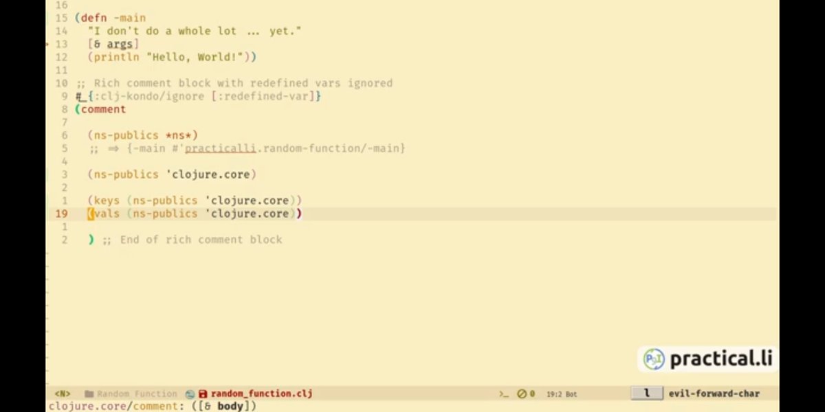 practical_li's tweet image. My favourite 30 minute video showing how I approach Clojure REPL driven development with Emacs and Cider
youtu.be/NDrpclY54E0
I am using #Spacemacs although the commands should work across any Emacs & Cider configuration