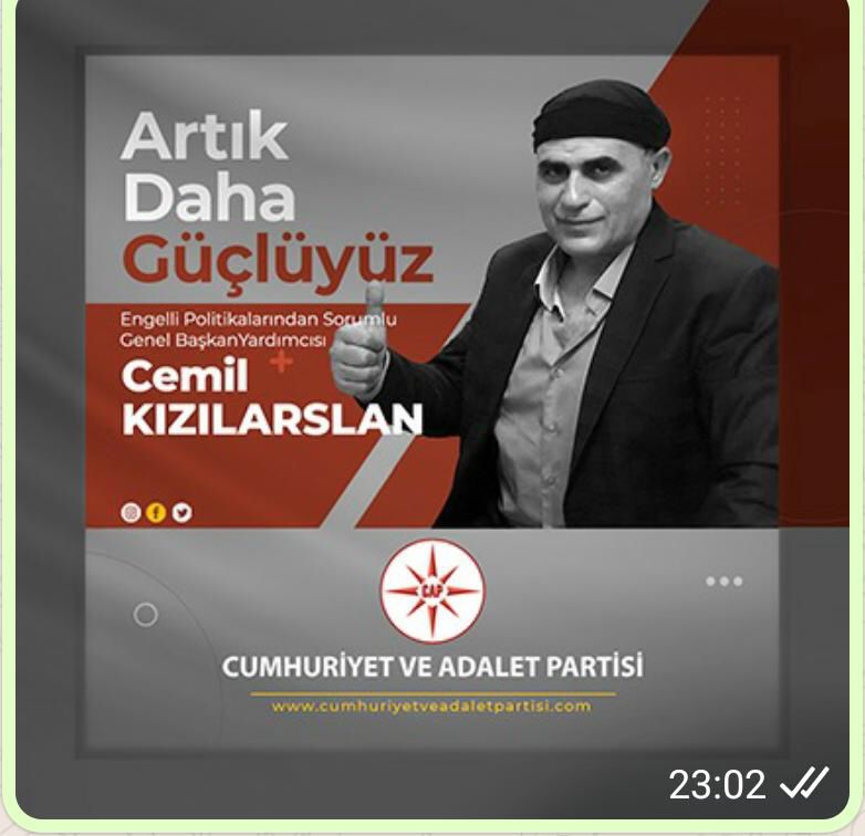 Engelli Politikalarından Sorumlu Genel Başkan Yardımcımız Cemil Kızılarslan  ile, artık daha güçlüyüz!
Kendisine yeni görevinde başarılar diler, hayırlara vesile olmasını temenni ederiz...

#cumhuriyetvedaletpartisi #atama #teskilat #gündem #haber #sondakika #şehir #engelli