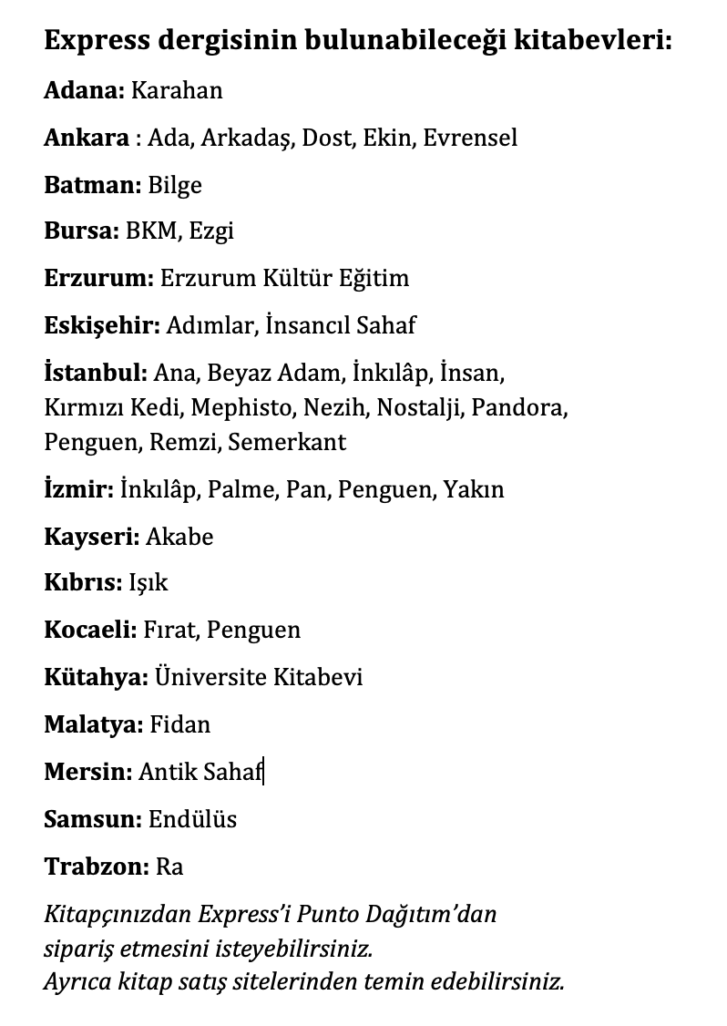 birartibirorg's tweet photo. Express'i aşağıdaki kitabevlerinden, kitap satış sitelerinden temin edebilirsiniz. Ayrıca @Metiskitap'ın internet sitesinden sipariş verebilirsiniz:
https://t.co/NJDGT3dfZu
#Express177 https://t.co/uMgKLaABAY