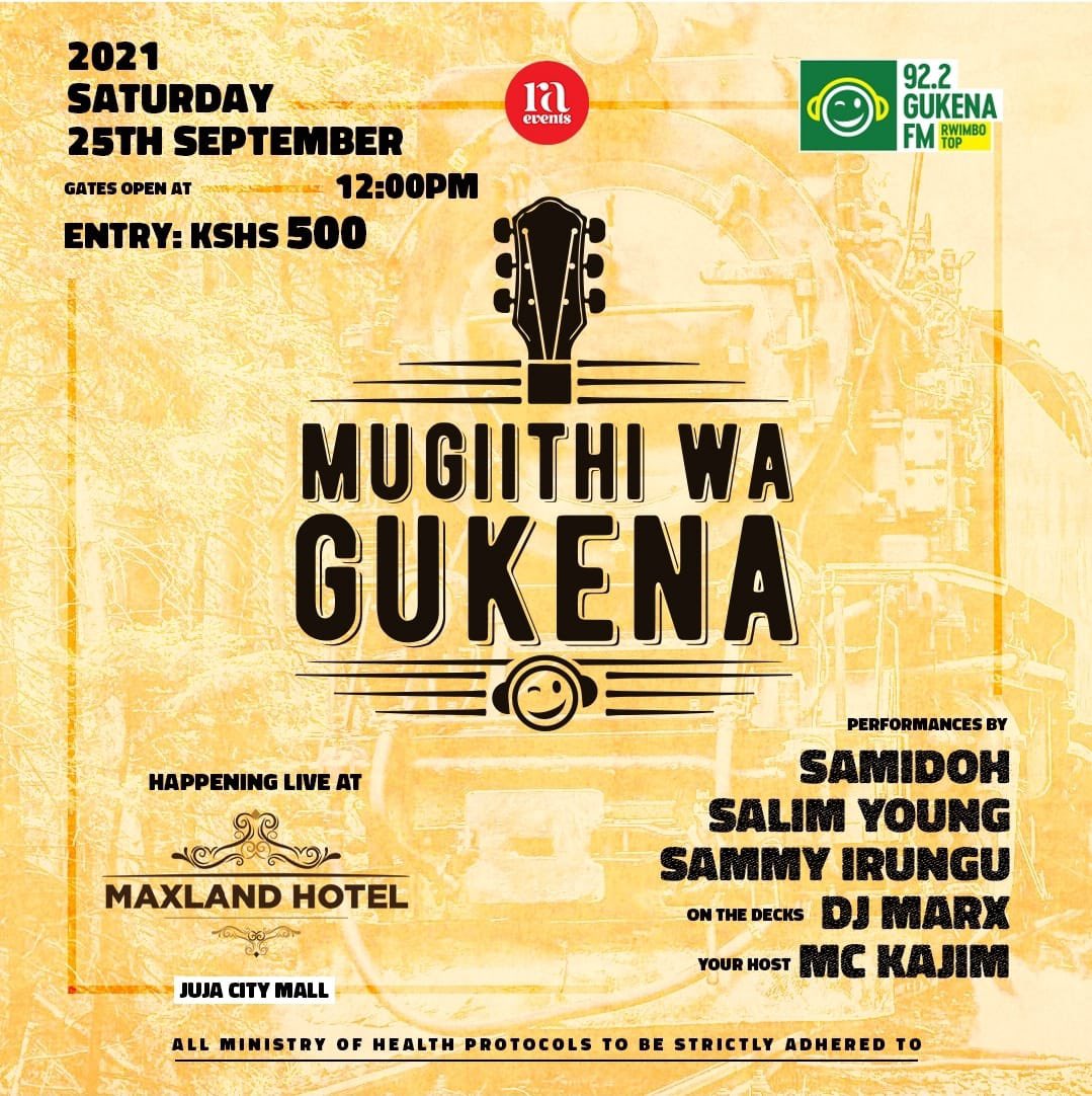 GukenaFMKenya's tweet photo. Mugithi wa Gukena útahana múgithi úngí wanathií! Next Saturday, 25th September, túgakorwo na Sammy Irungu, Salim Young na Samidoh haria Maxland Hotel kuma thaa thita. Dúkanatíre!
#MugithiAtMaxland #MugithiWaGukena https://t.co/9M90lFlgJk