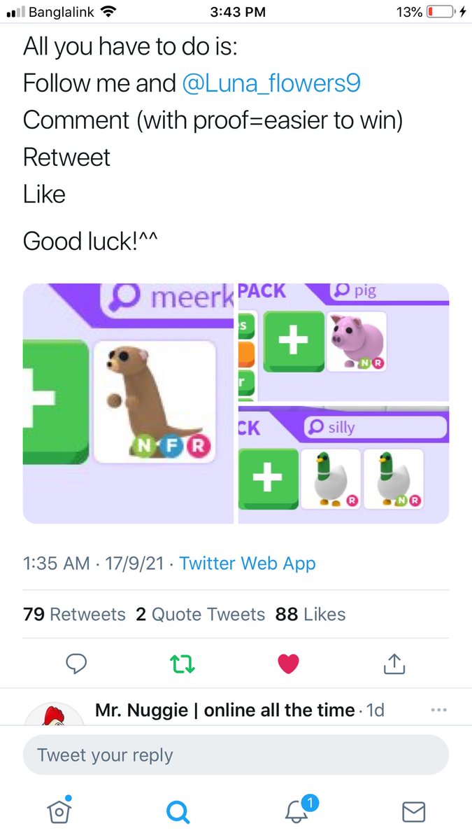 0xR4t's tweet photo. @Royalhi57416489 @Luna_flowers9 Done! I really want the nfr meerkat or nr silly duck. https://t.co/CUy8oZRwig