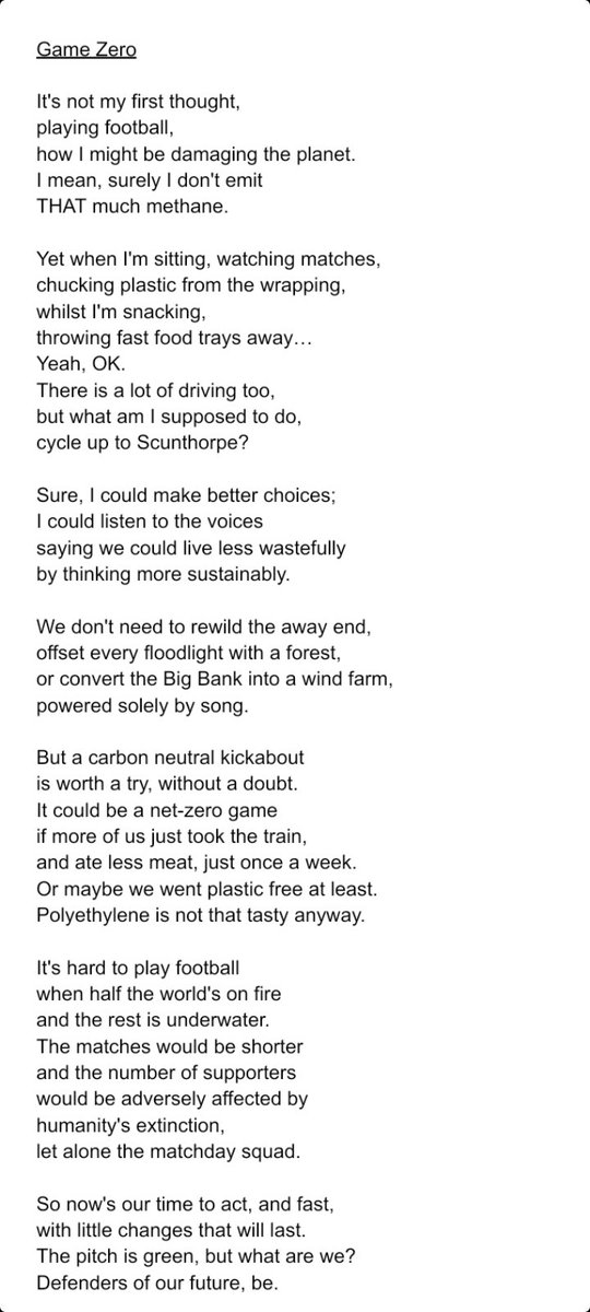 Today's poem in the #ECFC programme is about taking #OneStepGreener so one day every game will be #GameZero in the fight against climate change. #Cup26