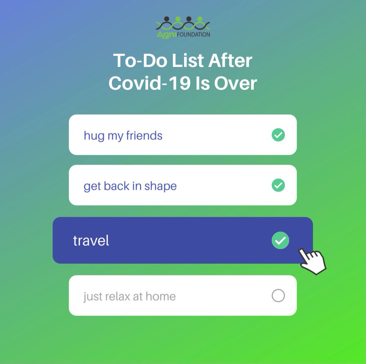 We are planning to travel, and what's on your mind to-do list once Covid-19 is over? We want to know in the comments agnifoundation.org #COVID19 #covid