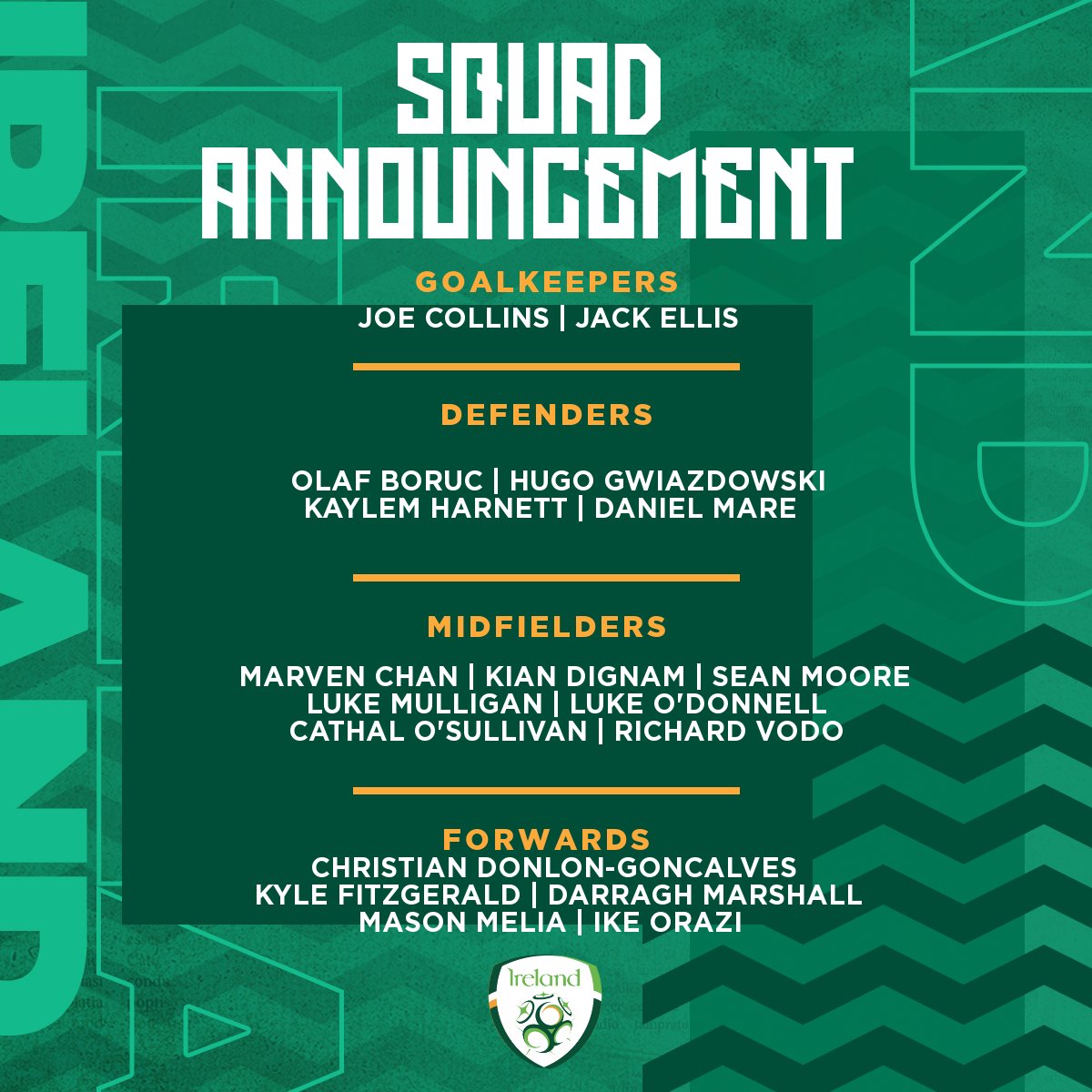 IrelandFootball's tweet image. Ireland Men’s U15 Head Coach Jason Donohue has named an 18-player squad for friendlies against Montenegro next week. 

The next generation of Irish internationals play on:

21/09 | 🇲🇪 v 🇮🇪 
23/09 | 🇲🇪 v 🇮🇪

Full details 👉 fai.ie/ireland/news/m…

#IRLU15 | #COYBIG | #WeAreOne