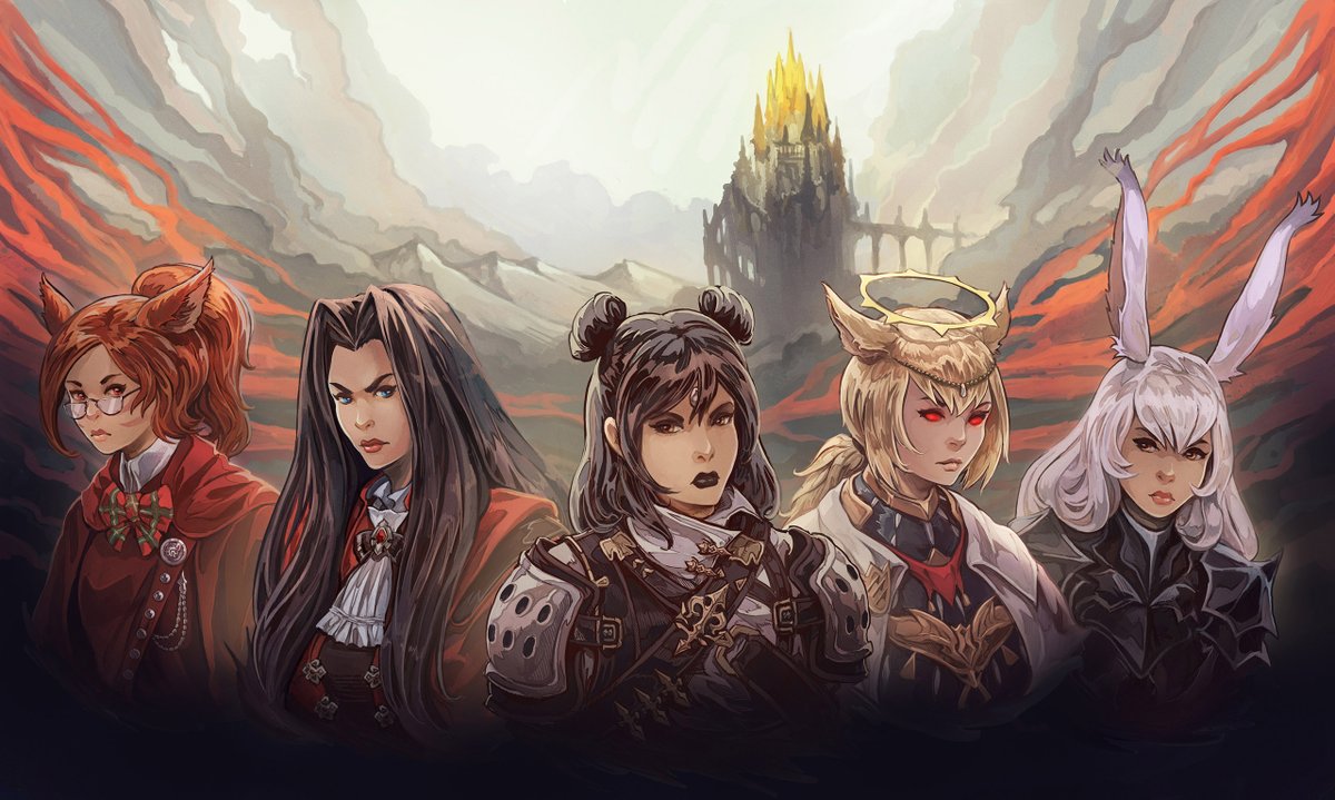 SaralotteB's tweet photo. This one took a while to complete, but it is done; the officer pic of the Crimson Revelation, with @RylaRosemore @KaldeaSyb @AnakritisPrime Joyette and me! 
#FFXIV https://t.co/iorNIGYcDE