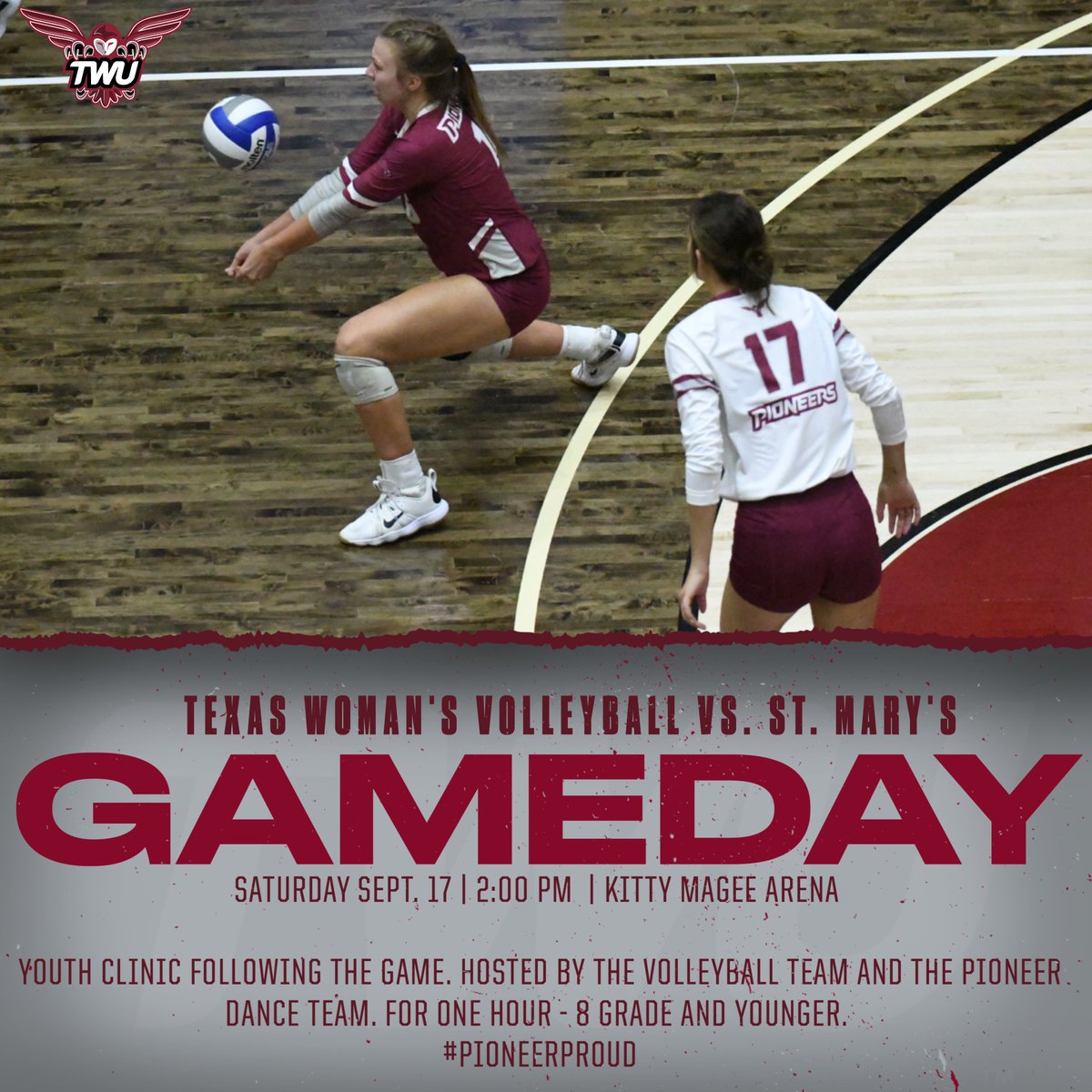 <a href="/TWUVolleyball/">TWU Volleyball</a> 
GAMEDAY! 
Youth Clinic following the game 

#PioneerProud