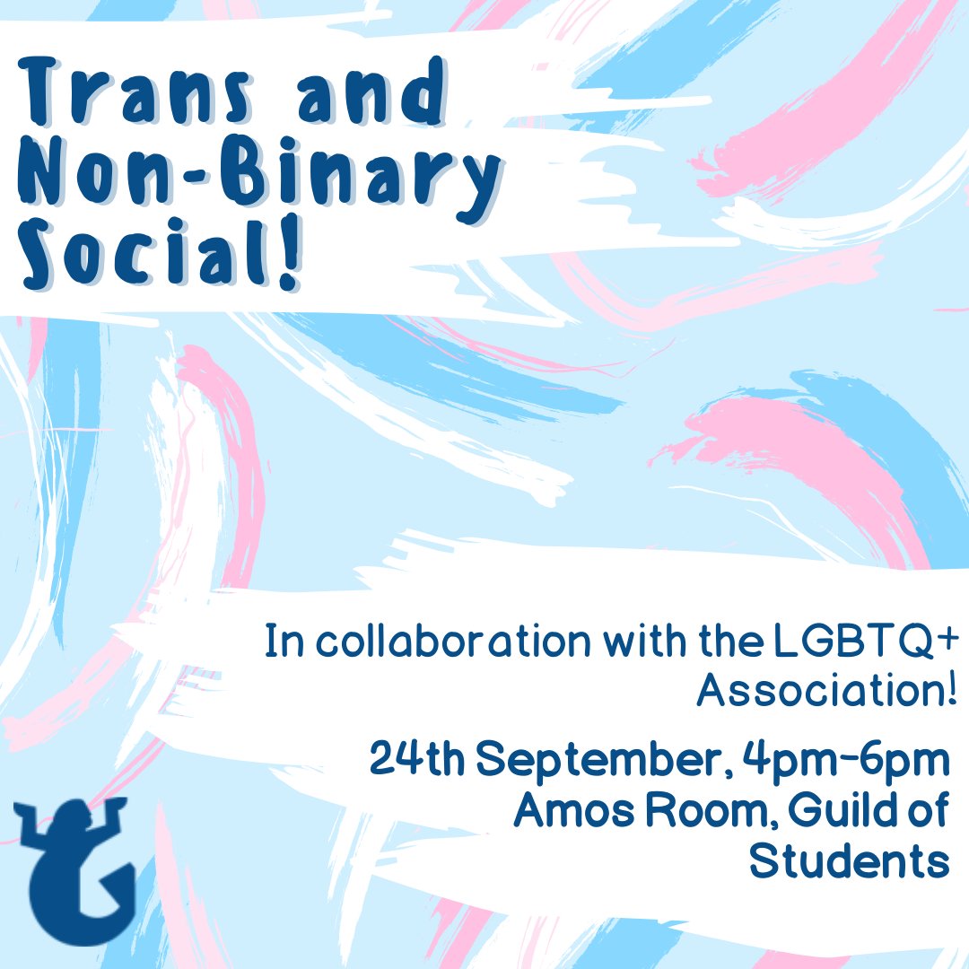 GuildTrans's tweet image. Hello again! 
The LGBTQ+ Association and I will be running a Trans and Non-Binary Social on the 24th of September, from 4pm to 6pm! 
The social will be held in the Amos Room in the Guild of Students - you can get a (free!) ticket via this link: eventbrite.co.uk/e/trans-and-no…
