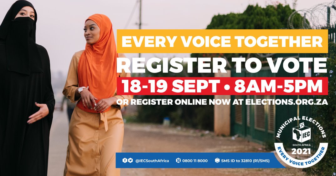 IECSouthAfrica's tweet photo. Day 1 of #RegWeekend done. Register again 2morro, 19 Sept, 8-5. To register u must:
โขbe an SA citizen
โขbe 16 (you can only vote if 18)
โขhave an SA ID
Find voting station at https://t.co/vX8GuECIwi or call 0800 11 8000. Get ready to vote on 1 Nov. #LGE2021 #everyvoicetogether https://t.co/lmtgB2dYBa