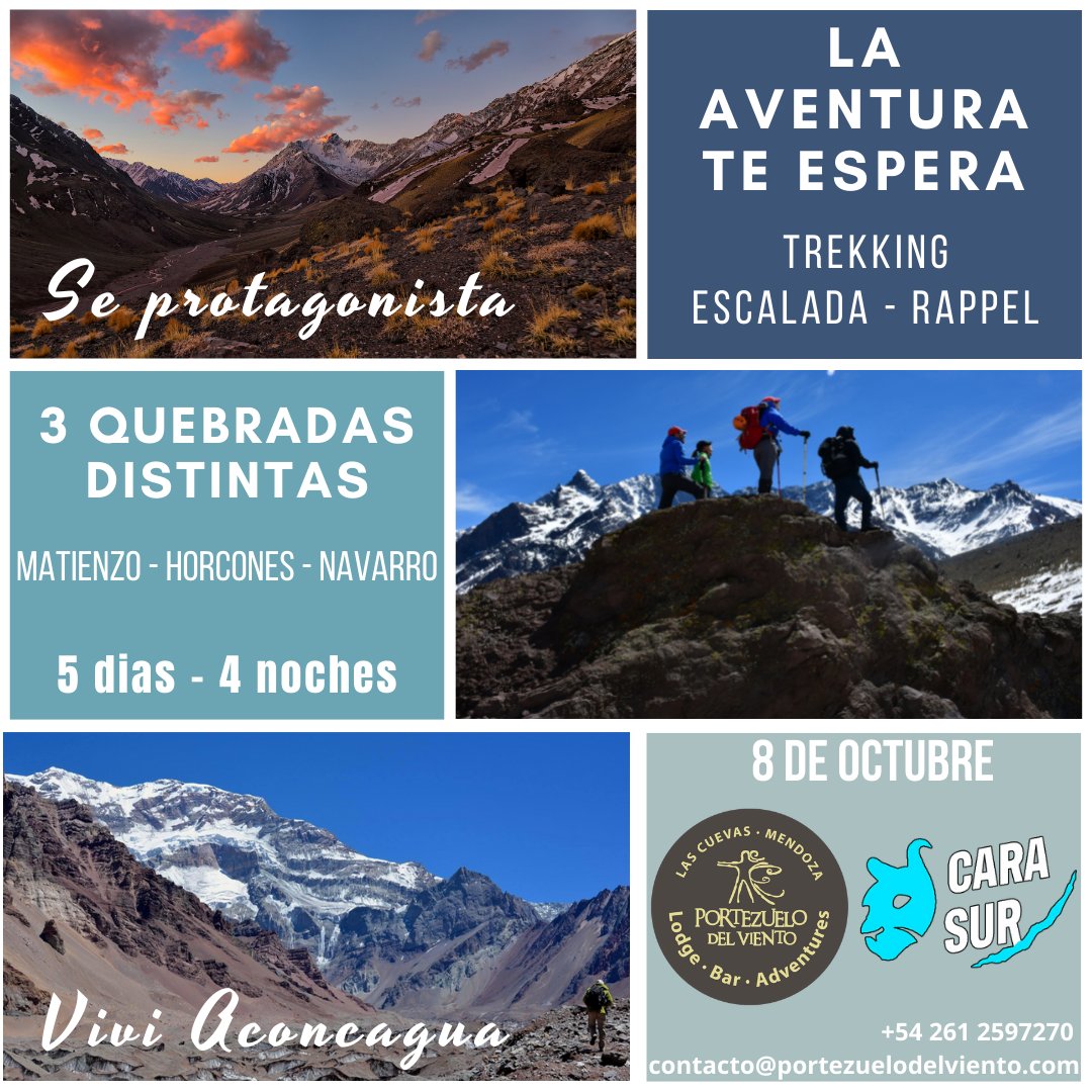 PortdelViento's tweet photo. Esta primavera te proponemos recorrer tres quebradas distintas! Disfruta la experiencia de la escalada en roca - rappel - trekking - asado y brindis despedida!  📲+54 9 261 259 7270 📨contacto@portezuelodelviento.com
#TurismoNacional #Mendoza #Aconcagua #trekking #climbing https://t.co/jgd39R6ITP