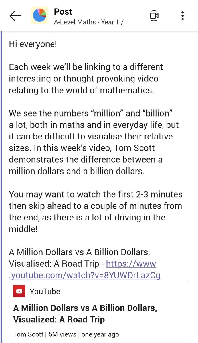 ECR_Maths's tweet image. I&apos;ve started sending out a &quot;Maths video of the week&quot; to our A Level students to expose them to fun/interesting ideas in Maths.
It took a while to curate a list of links, but I now have 2 years&apos; worth ready to go.
Feel free to DM me your email if you&apos;d like a copy of the list 🙂