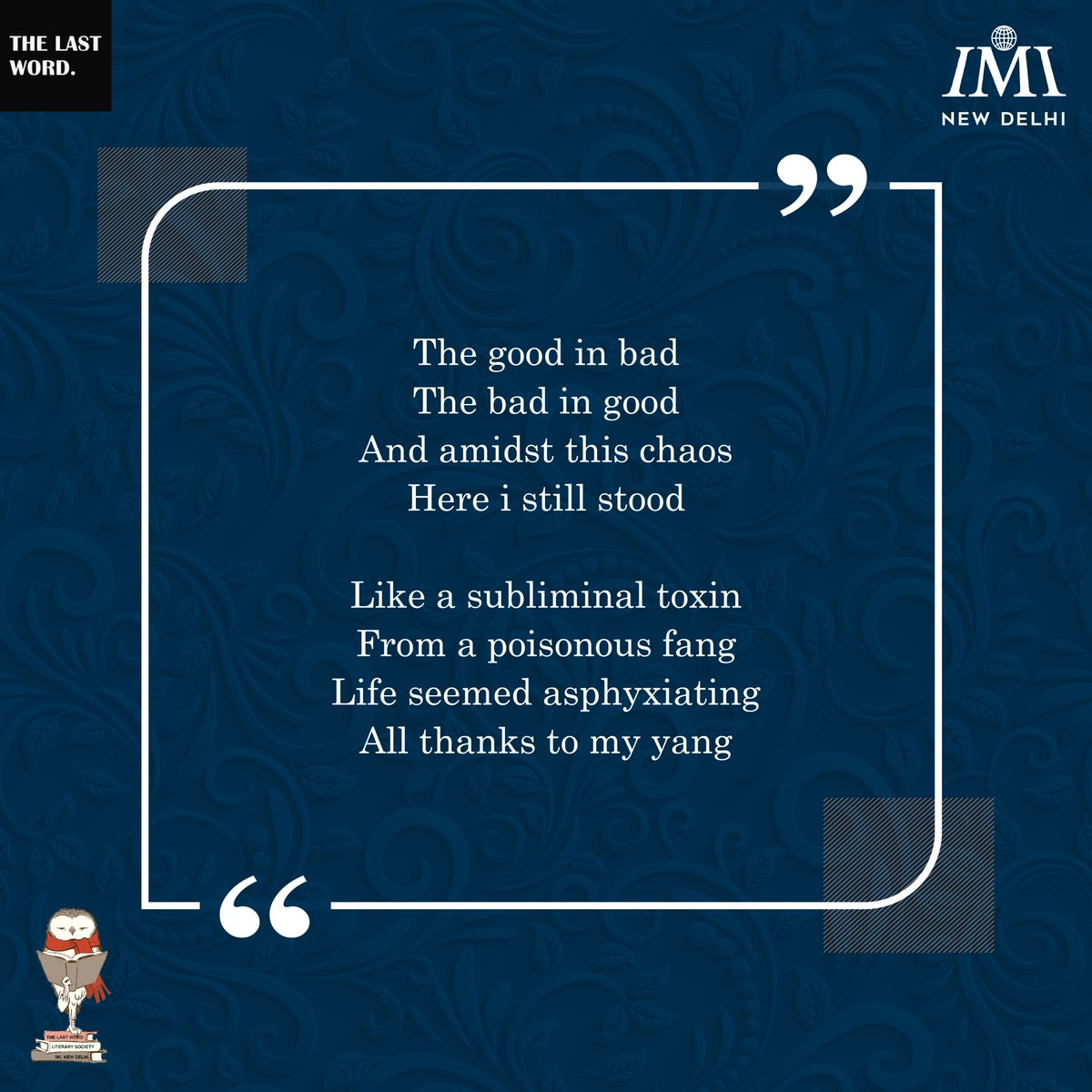 TheLastWordIMI's tweet photo. In this edition of the Mighty Scribes, Vasu Kaushal thoughtfully expresses the journey of the endless fight that we all might be in.
#MightyScribes #Fortnight #SunDownOwnOut #Poems #Creativity #Scribbles #Literature #Poem #PoemsOfInstagram #PoemOfTheDay https://t.co/6GmCzBRy4Q