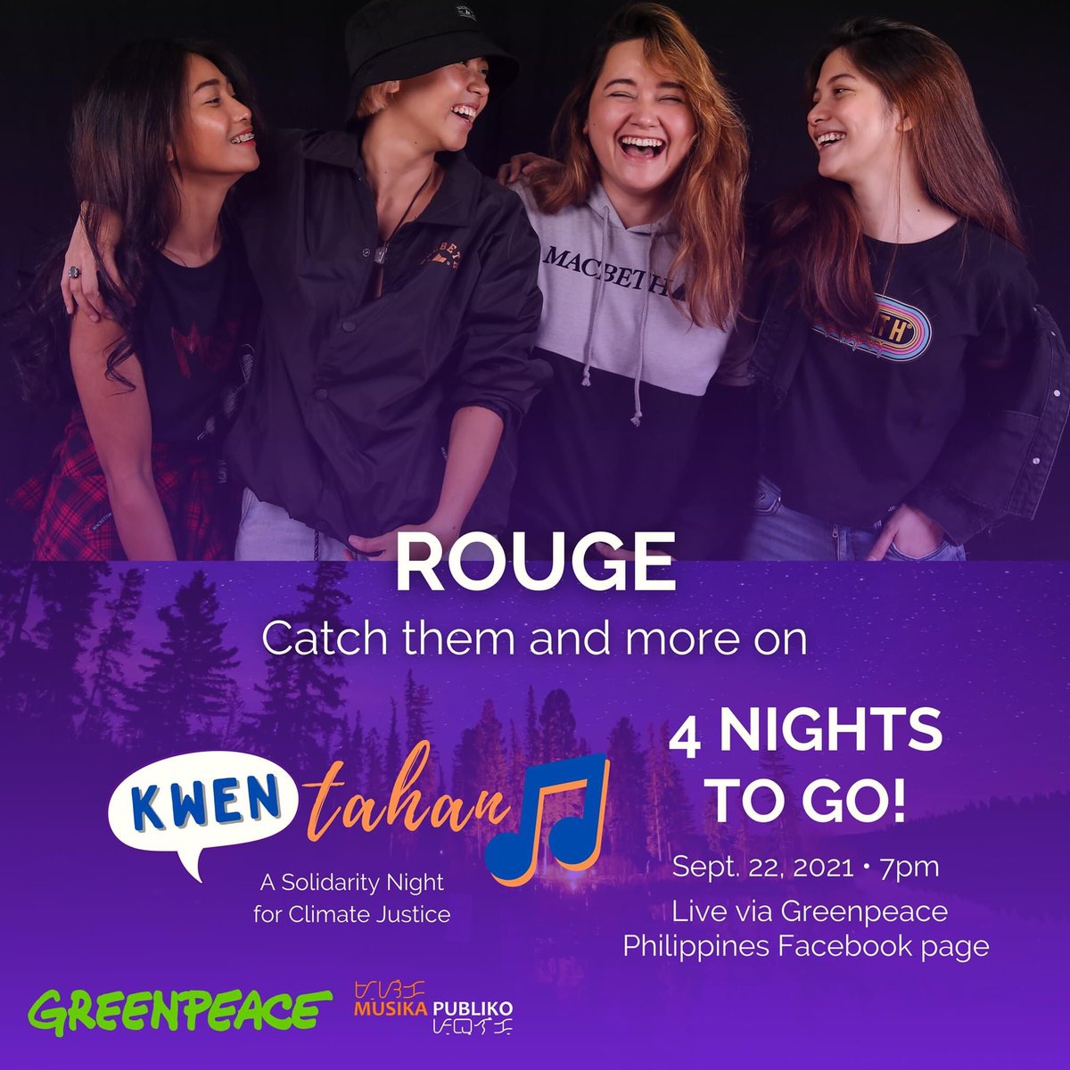 gpph's tweet photo. SOLID ang lineup sa Solidarity Night natin pero mas solid kapag kasama namin kayo UwU 

ROUGE, Anima Tierra, &amp; MIA GRACE are joining the fun in solidarity with Filipino climate advocates.  

Sept. 22, 7pm via Greenpeace PH Facebook Live. 

#ClimateJusticeNOW 
#FollowUpLang https://t.co/BRHT1TOnII