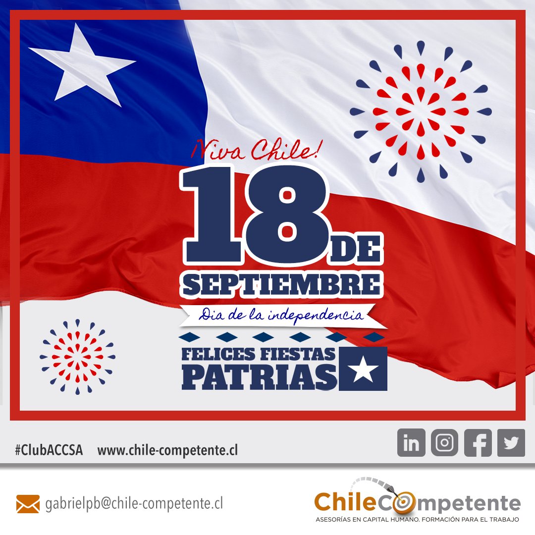 pinedabravogab's tweet photo. ¡Felices fiestas patrias a todos nuestros clientes y amigos! ¡No olviden de cuidarse! #ChileCompetente #ACCSA #Chile #HaciendoComunidad #AquíVamos #EmprendedoresWorkCafé #Empresas #PYMES #Emprendimiento #Branding #RegistroDeMarcas #CCS #Comercio @radiousach #FiestasPatriasCL https://t.co/JPDh3h3LVR
