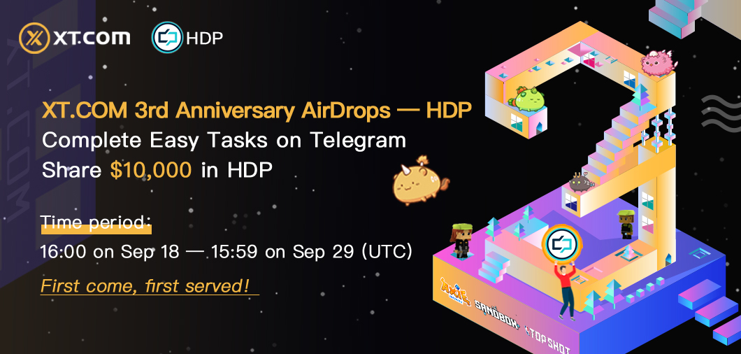 🎉XT.COM 3rd Anniversary AirDrops — HDP <a href="/MyHEdpAY/">HEdpAY</a>  🎉

💰Share $10,000 in HDP💰

🕧Time period：
16:00 on Sep 18 — 15:59 on Sep 29
 (UTC)

Interact with 👉 @xt_airdrops_bot 👈  on Telegram! 

🚀Stay tuned for more airdrops  🚀

GO: t.me/XTcomNEWS/685