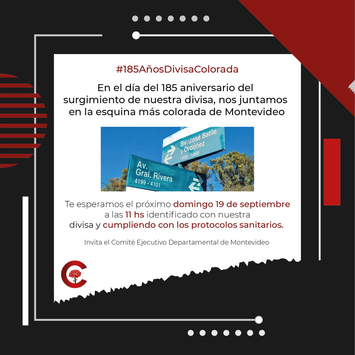👉🏻 Te esperamos mañana para celebrar los #185AñosDivisaColorada, en la esquina más colorada de Montevideo

🗓 Acercate el domingo 19/9 a las 11 hs.

📍 Bvar José Batlle y Ordóñez y Av. Gral. Rivera

🚩 Trae tu bandera y cumplí con los protocolos sanitarios vigentes
