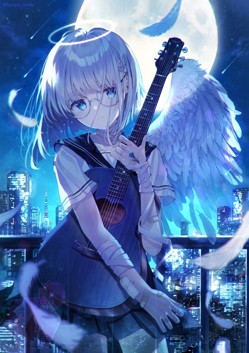 1girl solo bandages guitar wings instrument feathers  illustration images