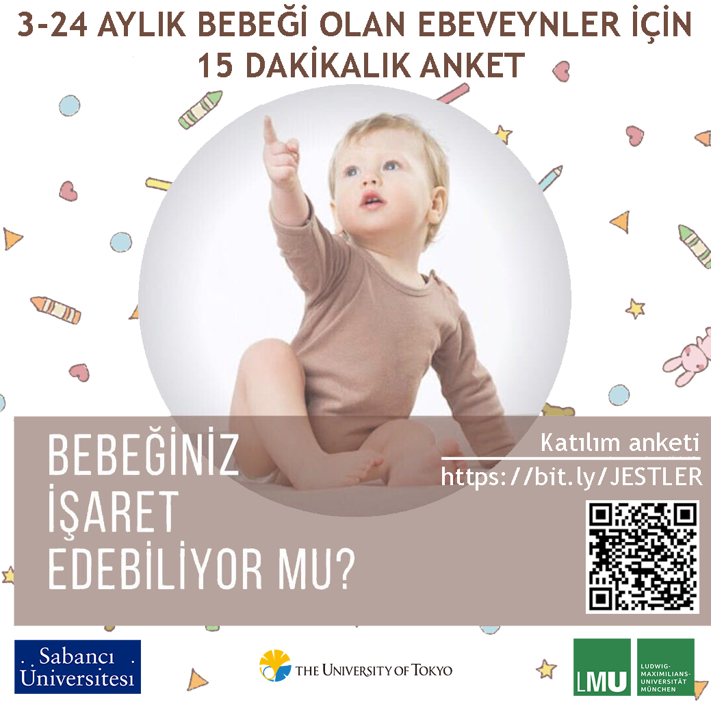 3-24 aylık çocukların işaret etme hareketi ile ilgili yeni bir anket çalışmamız var 🌸 Anket yalnızca 10-15 dakika sürmektedir. Eğer çalışma ilginizi çektiyse, daha detaylı bilgiye bu link üzerinden ulaşabilirsiniz: bit.ly/JESTLER