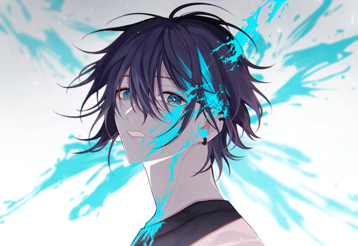 1boy male focus solo looking at viewer black hair blue eyes piercing  illustration images