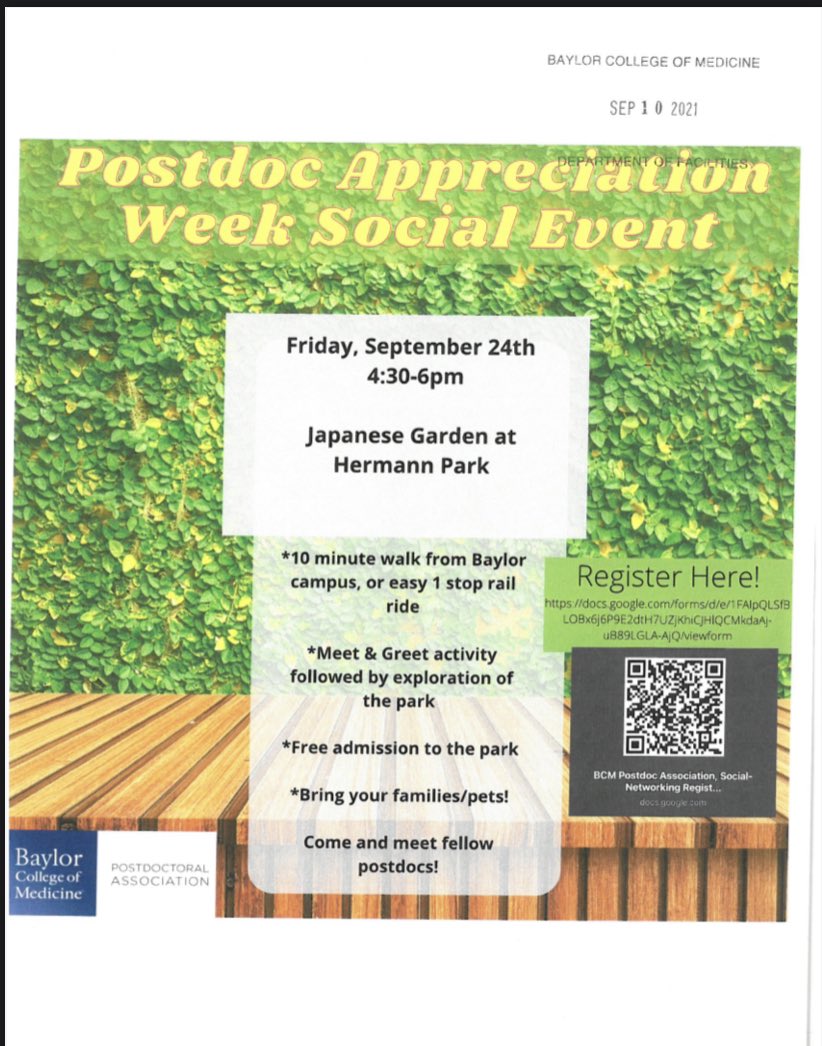 asm_tmc's tweet photo. For Postdoc Appreciation Week, @bcmhouston #postdoc association is hosting a social event this Friday (9/24) starting at 4:30p.
RSVP here: https://t.co/MCxknQ59wZ
#NPAW2021 #thankapostdoc #STEM #socialevent https://t.co/kONhEJDP3M