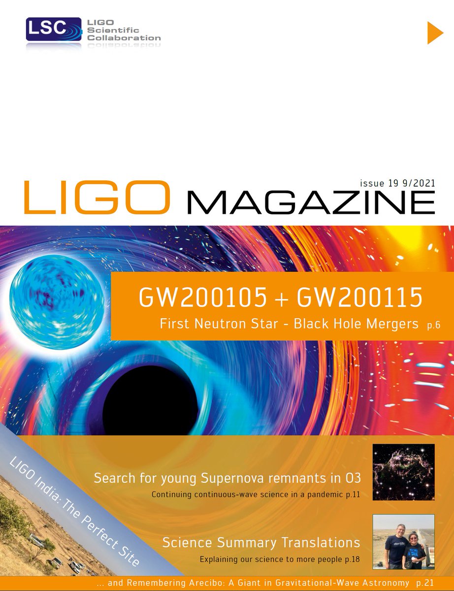 LIGO's tweet photo. A new issue of the @LIGO Magazine is out now! Read about the #NSBH discoveries, the search for continuous #GravitationalWaves, translating our science for global audiences, and the perfect site for @LIGOIndia! Online and free at https://t.co/2Y7F1sf5fR https://t.co/OmTQQoEkMf