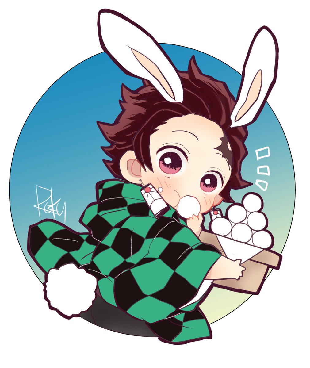 kamado tanjirou 1boy animal ears male focus food rabbit ears eating solo  illustration images