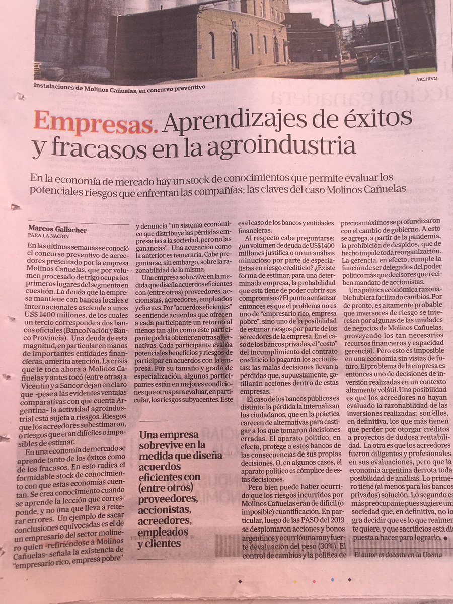 MarcosGallacher's tweet photo. Mi nota de La Nación de hoy. Riesgo y posibilidad de fracaso son condiciones inherentes a las economías de mercado. Mas aún economía argentina. Algún día deberé terminar de leer libro de Frank Knight. https://t.co/30SreryYUW