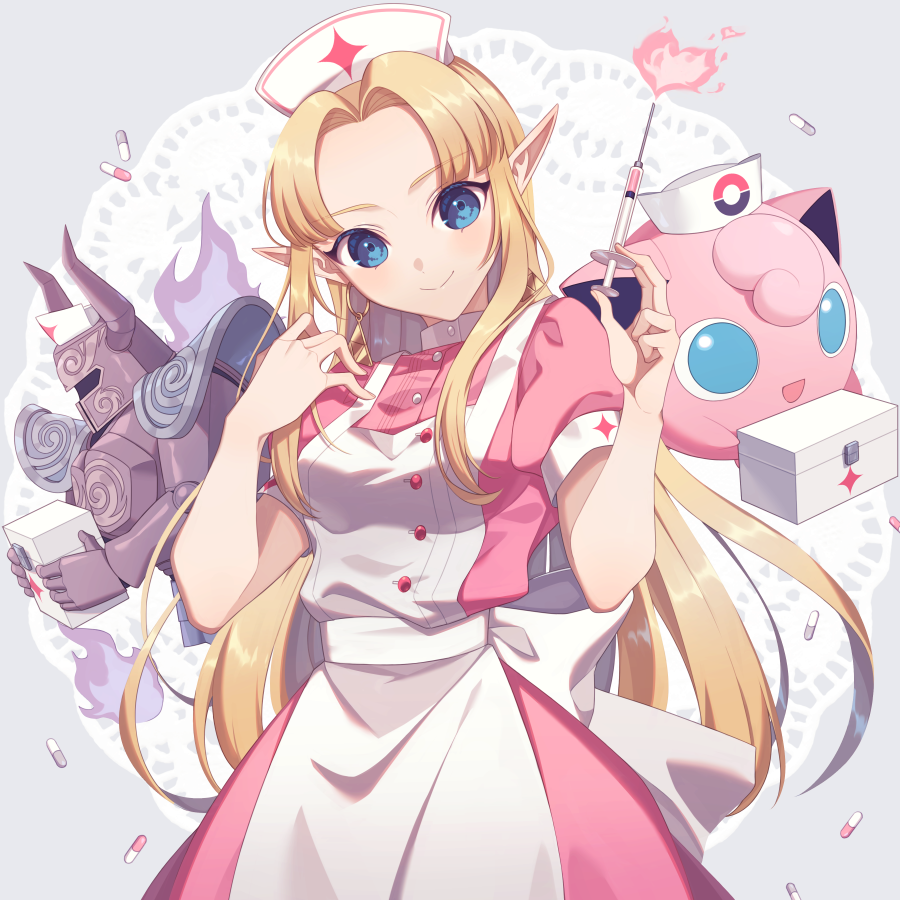 jigglypuff ,princess zelda 1girl pointy ears blonde hair blue eyes triforce smile nurse  illustration images