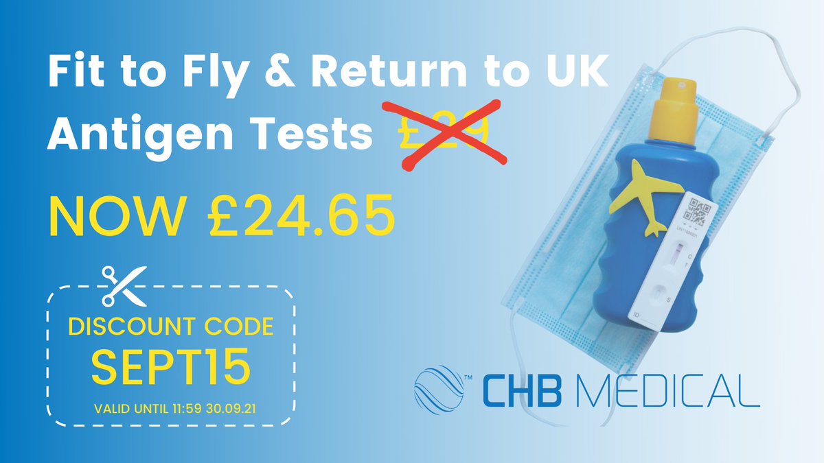 chbmedical's tweet photo. 📢 SAVE 15% on antigen tests with discount code 'SEPT15'. Order now for your autumn and winter holidays ➡️ https://t.co/pUvpXX1FhX 
#traveltesting #fittofly #returntoUK #antigentest #discountcode https://t.co/qv5sfNU9R8