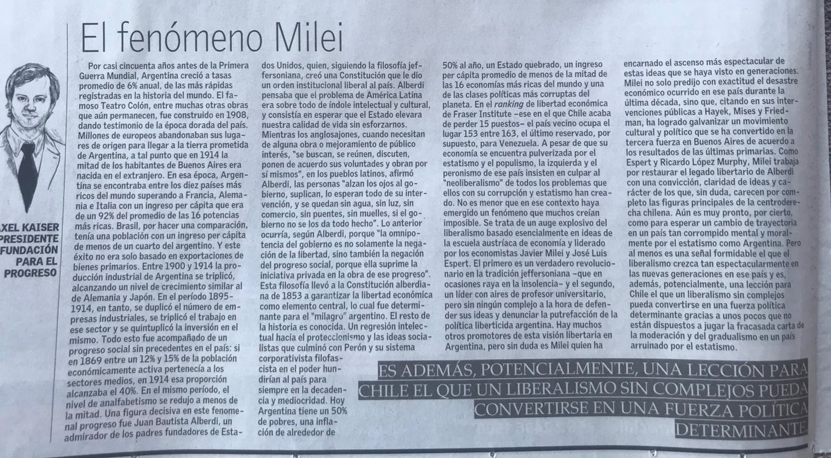 AXELKAISER's tweet photo. Hoy en El Mercurio escribo sobre Argentina y el fenómeno Milei. https://t.co/N4pj2wnSex
