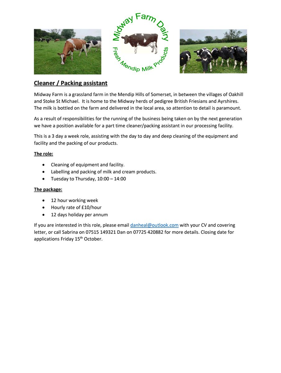 Plenty of opportunities at Midway Farm as we build the team, both farming and milk processing.  Get in touch if you are interested #hiring