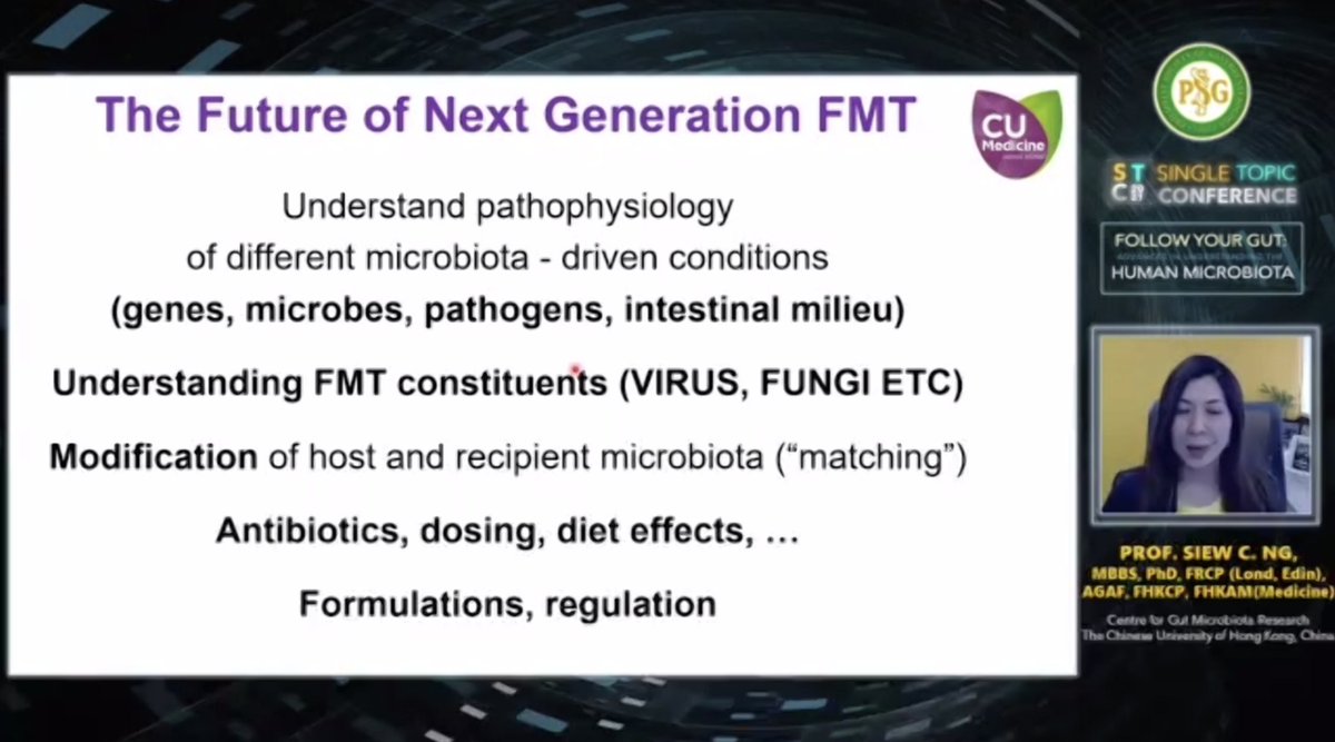 The future of next generation FMT is bright 😎💯 But we all need to take these 👇 into consideration. Thank you Prof. Siew Ng @Siew_C_Ng for the wonderful session 🇭🇰👏 #PSGSTC2021 #FollowYourGut #GITwitterPH