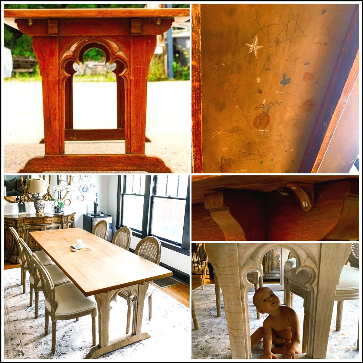reusedepot's tweet image. These customers bought this antique library table and stripped it to uncover this beautiful quarter-sawn wood. We discussed how they had to save the &quot;kid&quot; art underneath so their lil artist can add to it. Before &amp;amp; after 
#salvage #librarytable #stripit #diy #art #recycle #family