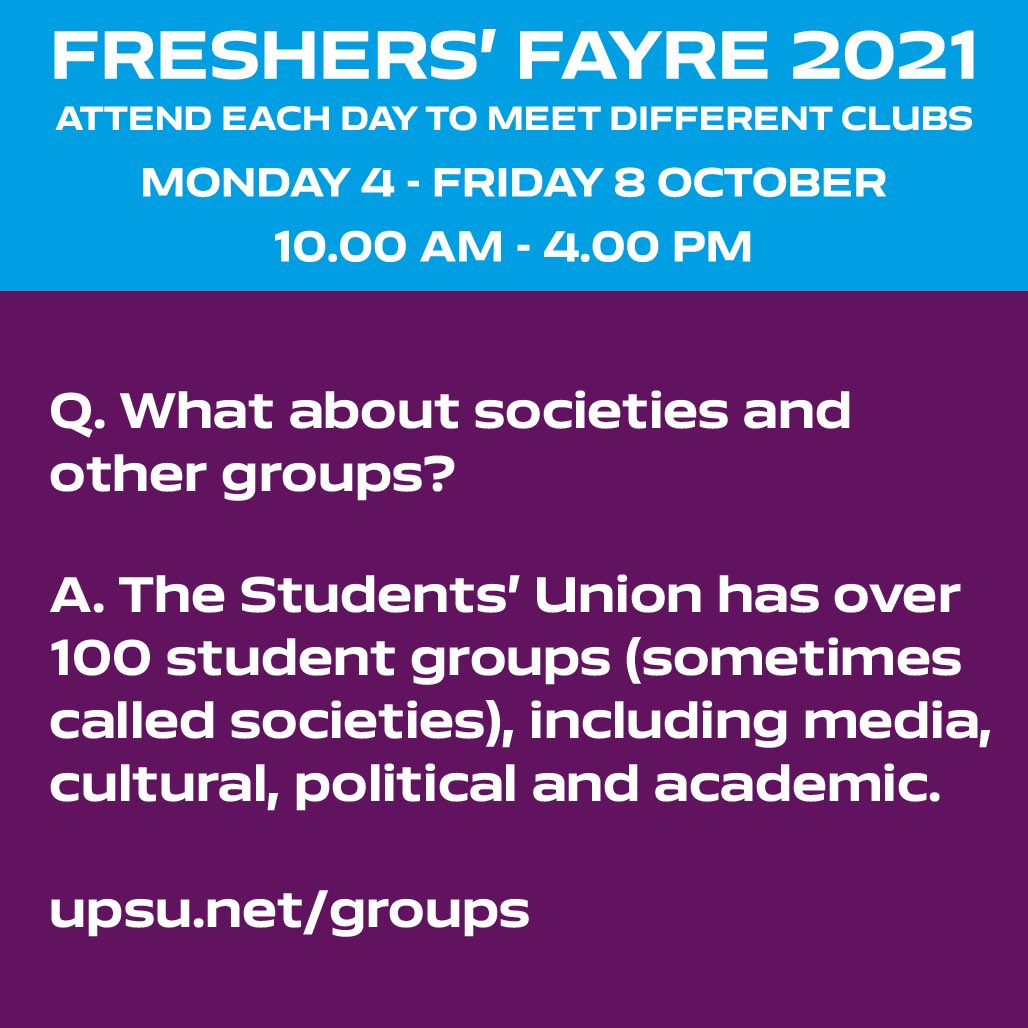 FRESHERS’ FAYRE 2021 

Athletics will be at the Freshers Fayre Wednesday 6th October 10-4!

Please remember each day has different clubs, so attend everyday to meet everyone!

 #UPAC #UOPsport #TeamUOP #packforportsmouth #givemeportsmouth
#GiveMeSport